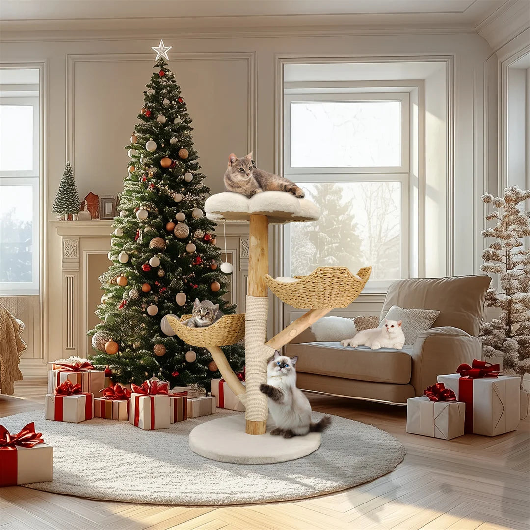 Meuble moderne en bois massif pour chat, arbre d'escalade, centre d'activités avec griffoir pour chaton, 110cm HappyTailShop