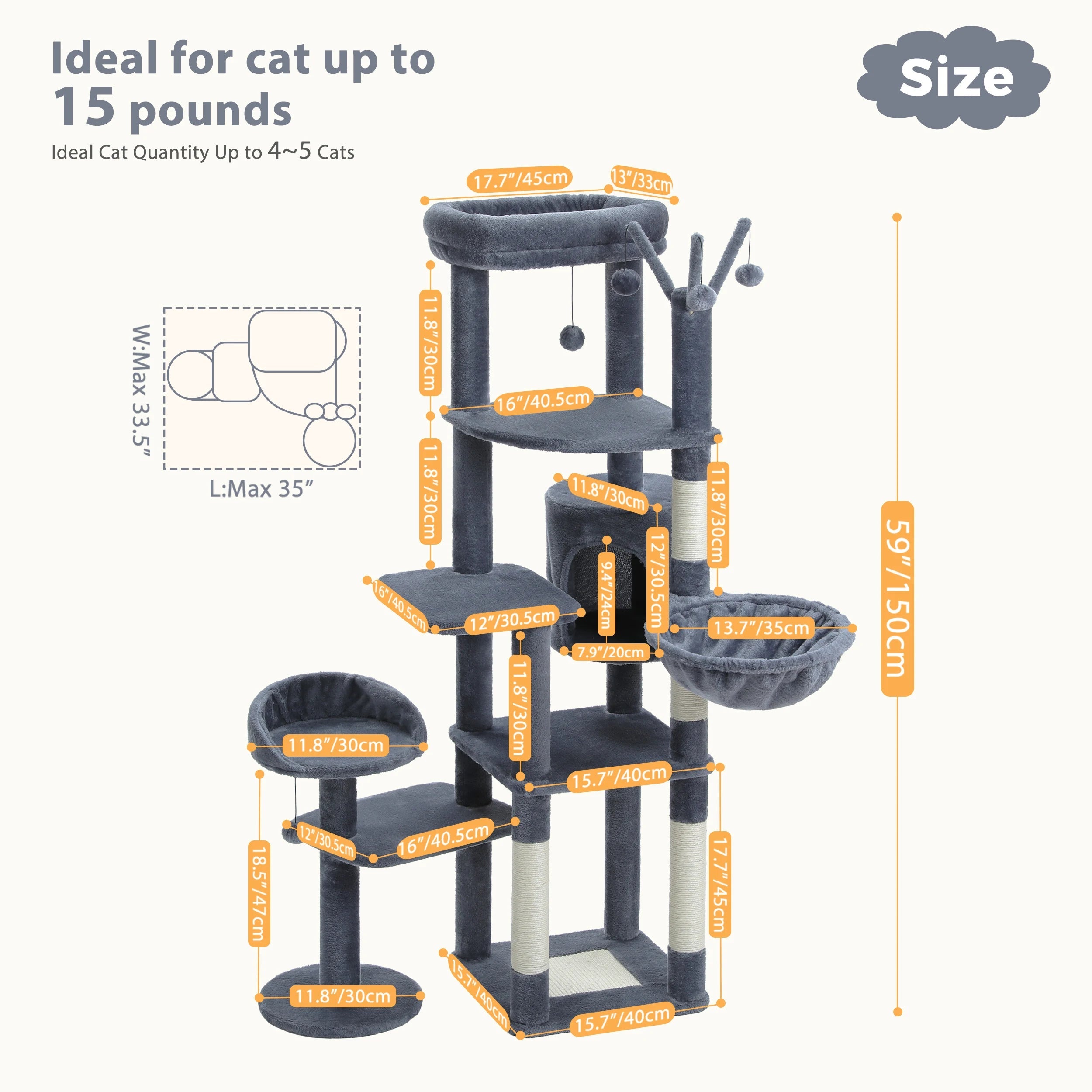 Arbre à chat à plusieurs niveaux avec poteau à griffer, hamac, grands perchoirs, balles suspendues, grande tour pour chat d'intérieur, spacieux condo pour chat HappyTailShop