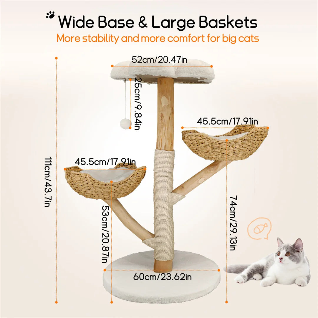 Meuble moderne en bois massif pour chat, arbre d'escalade, centre d'activités avec griffoir pour chaton, 110cm HappyTailShop