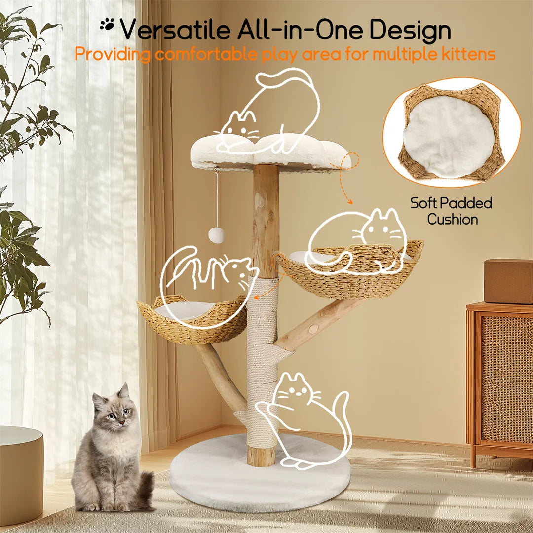 Meuble moderne en bois massif pour chat, arbre d'escalade, centre d'activités avec griffoir pour chaton, 110cm HappyTailShop