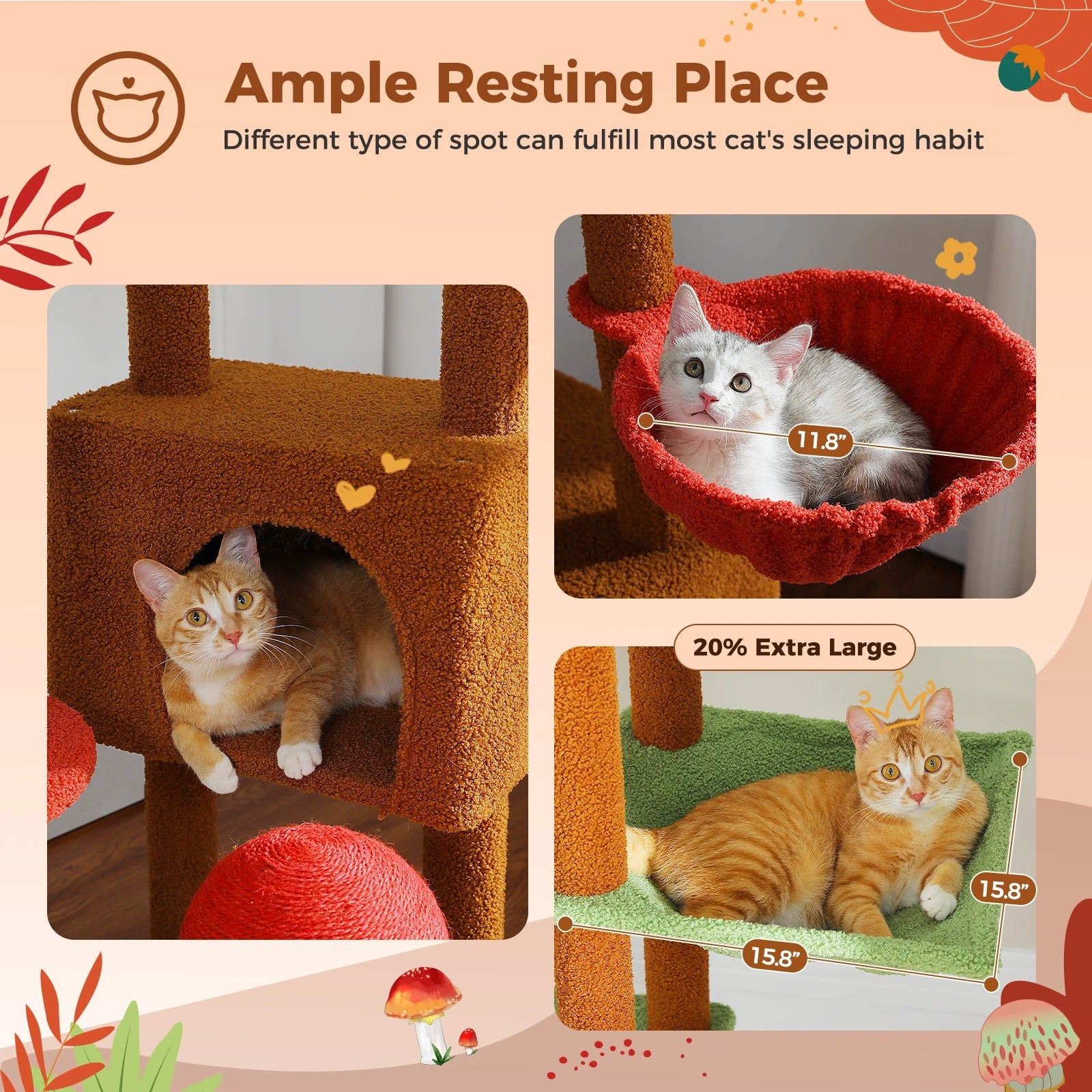 Arbre à chat réglable de 230-252cm, condoule pour chat du sol au plafond, boule suspendue, 5 postes à gratter, hamac, grand lieu de repos pour chats HappyTailShop