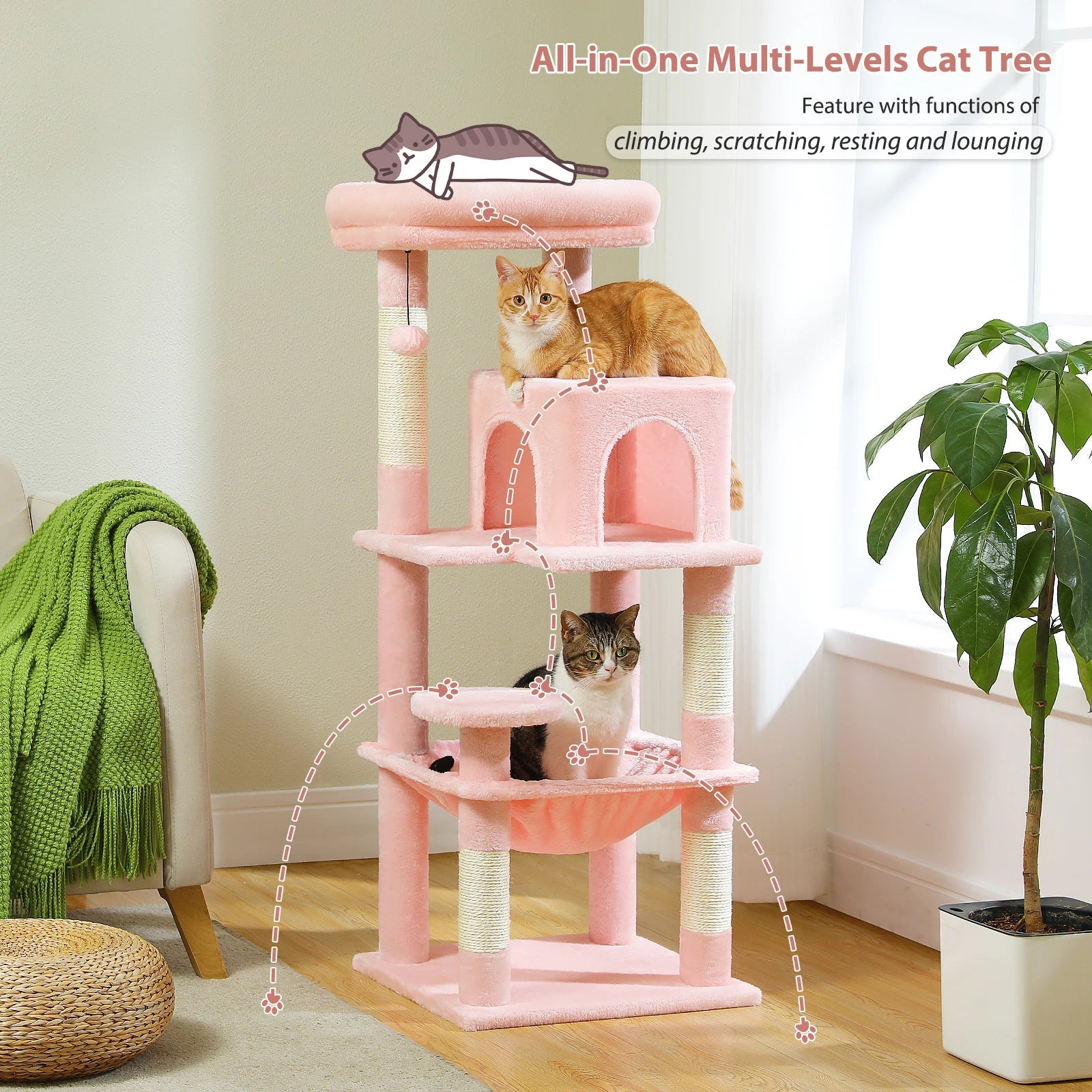 Arbre à chat pour chats d'intérieur, tour à chat à 5 niveaux pour grands chats avec cadre en métal, grand hamac pour chat condo avec grand perche supérieure HappyTailShop