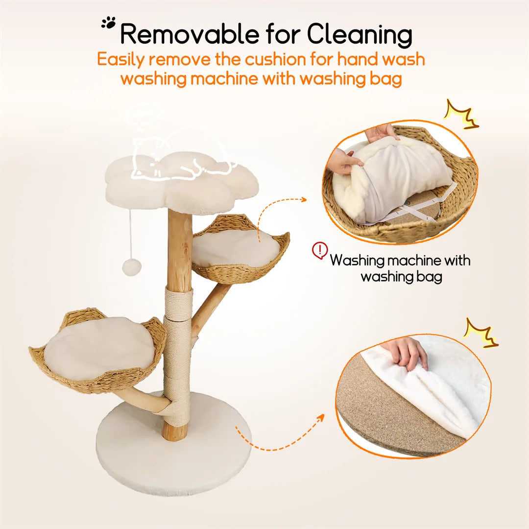 Meuble moderne en bois massif pour chat, arbre d'escalade, centre d'activités avec griffoir pour chaton, 110cm HappyTailShop