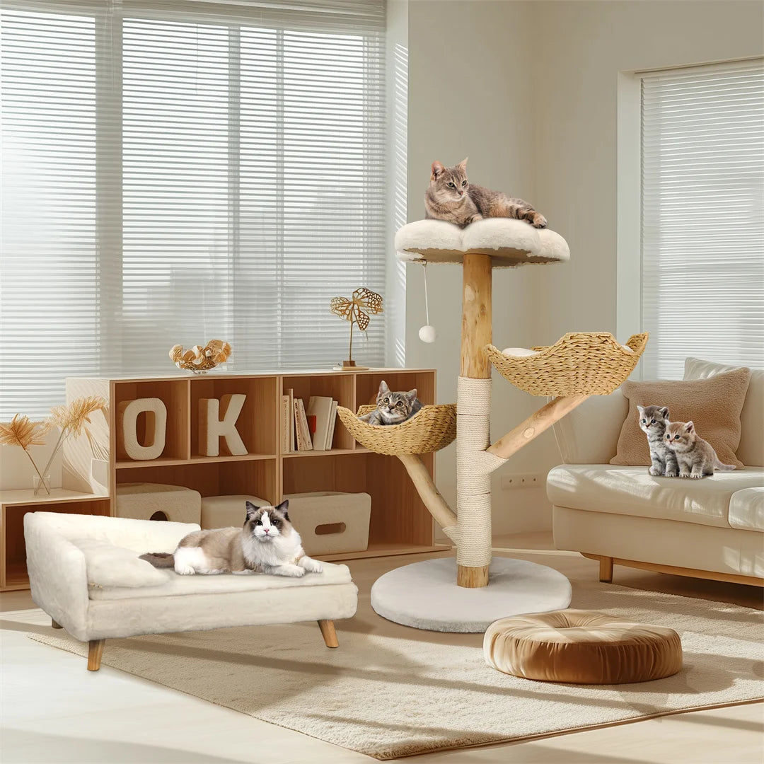 Meuble moderne en bois massif pour chat, arbre d'escalade, centre d'activités avec griffoir pour chaton, 110cm HappyTailShop
