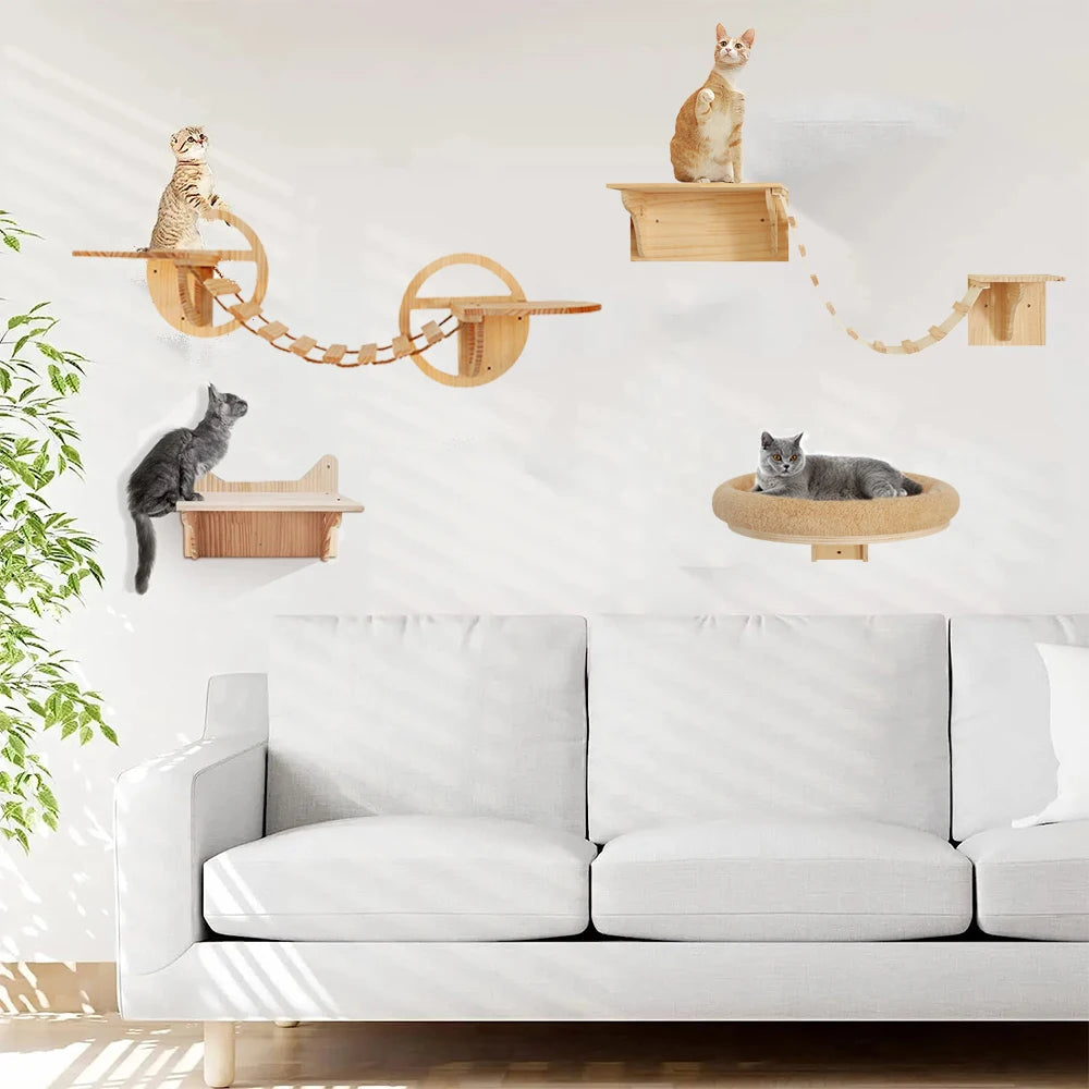 Arbre à chat mural, pont d'escalade avec tige à gratter et hamac pour chat, échelle en Sisal pour jouer et repos des chatons, 1 pièce HappyTailShop