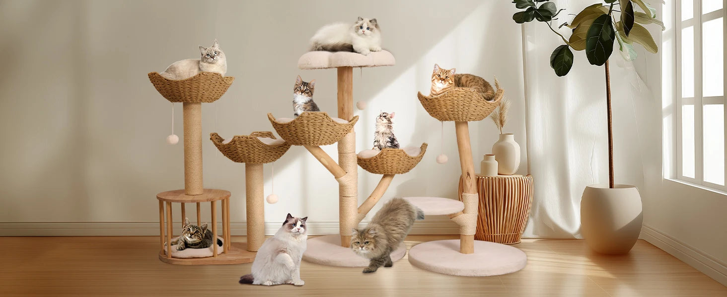 Meuble moderne en bois massif pour chat, arbre d'escalade, centre d'activités avec griffoir pour chaton, 110cm HappyTailShop