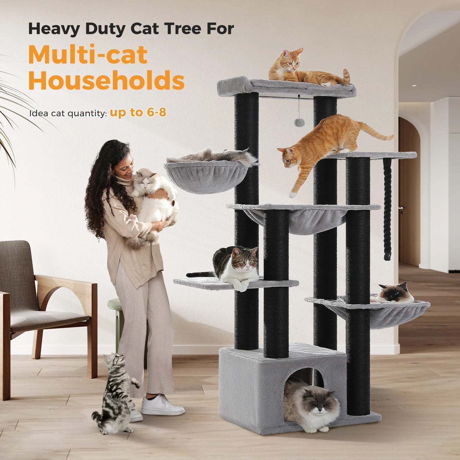 Gros arbre à chat pour chats de grande taille tour à chat robuste avec plusieurs niveaux maison à chat arbre d'escalade avec hamac 11 poteaux en Sisal grand perche HappyTailShop