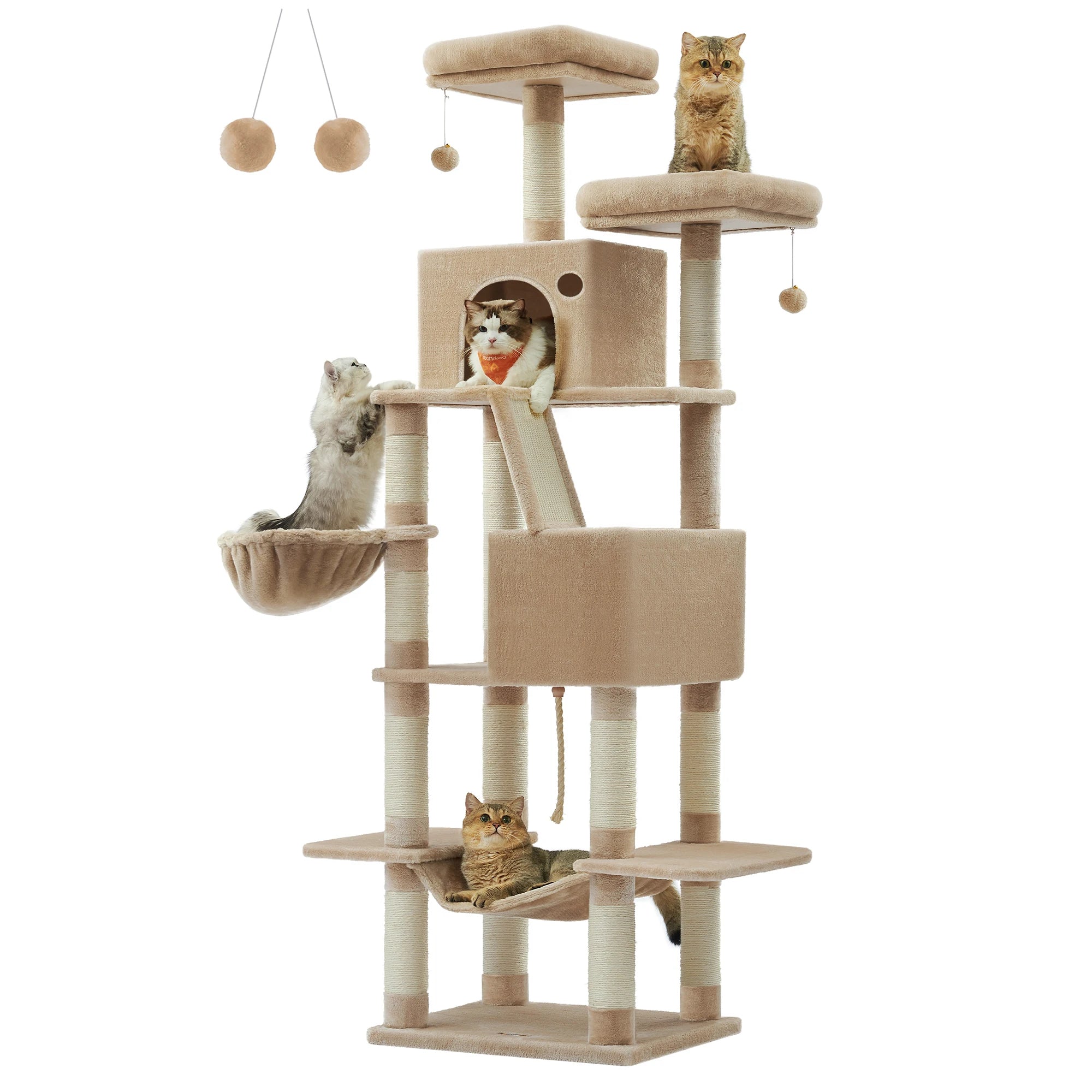 Feandrea Arbre à Chat, Hauteur 206 cm, avec 13 Griffoirs, 2 Plate-Forme, 2 Niches, Panier, Hamac, Pompon, Tissu Peluche, Multi-Niveaux pour Chat d'Intérieur HappyTailShop