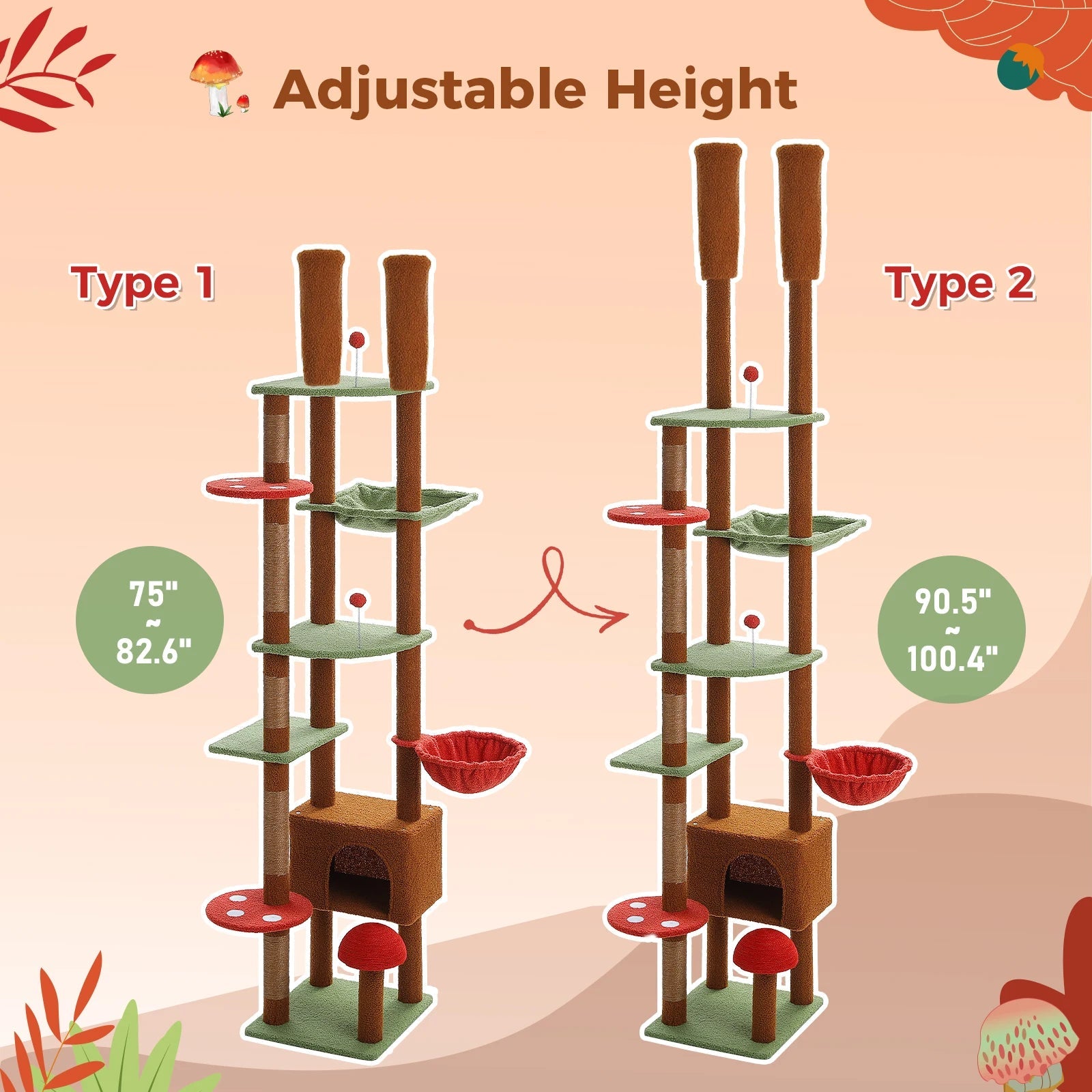 Arbre à chat réglable de 230-252cm, condoule pour chat du sol au plafond, boule suspendue, 5 postes à gratter, hamac, grand lieu de repos pour chats HappyTailShop