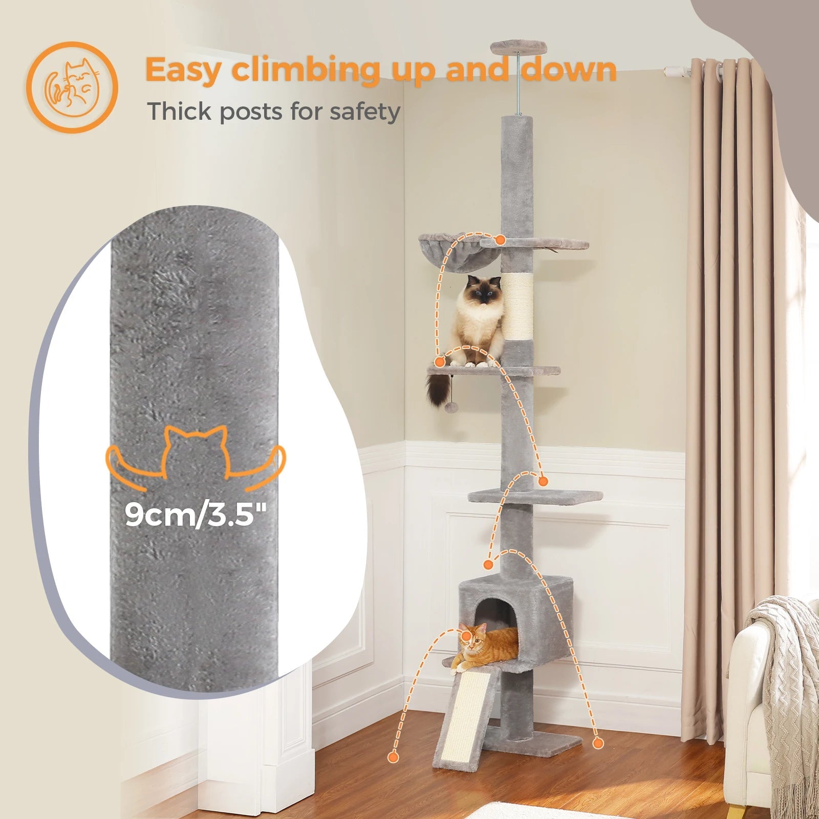 Tour d'arbre à chat moderne et réglable, 210-274cm, du sol au plafond, 5 niveaux avec perchoirs de condo, postes à gratter, échelles pour chats d'intérieur HappyTailShop
