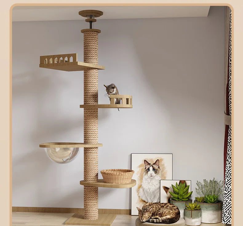 Maison d'arbre réglable pour chat, tour du sol au plafond, condo multi-niveaux avec poteau à gratter, hamac, produits pour animaux de compagnie HappyTailShop