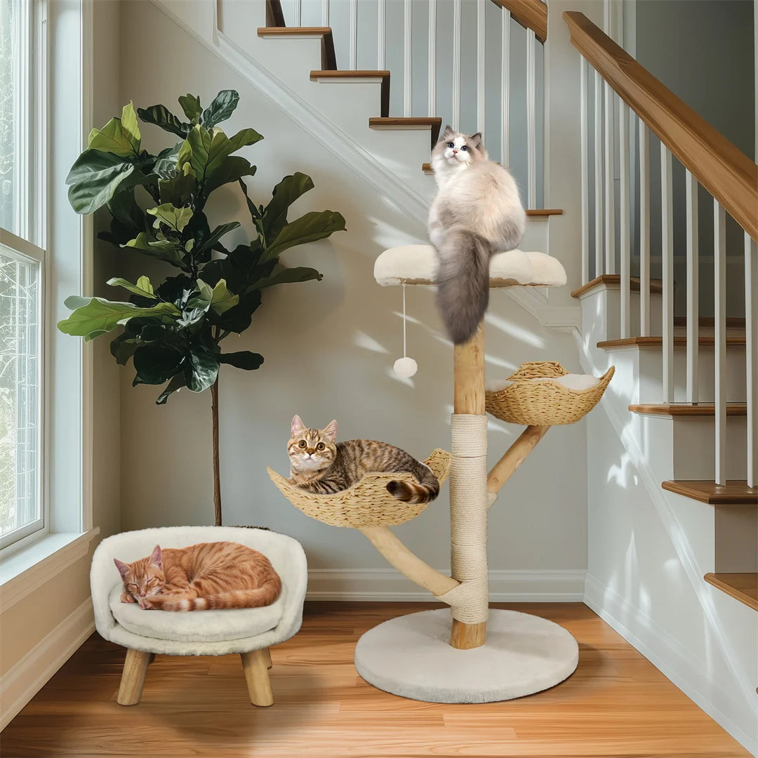 Meuble moderne en bois massif pour chat, arbre d'escalade, centre d'activités avec griffoir pour chaton, 110cm HappyTailShop