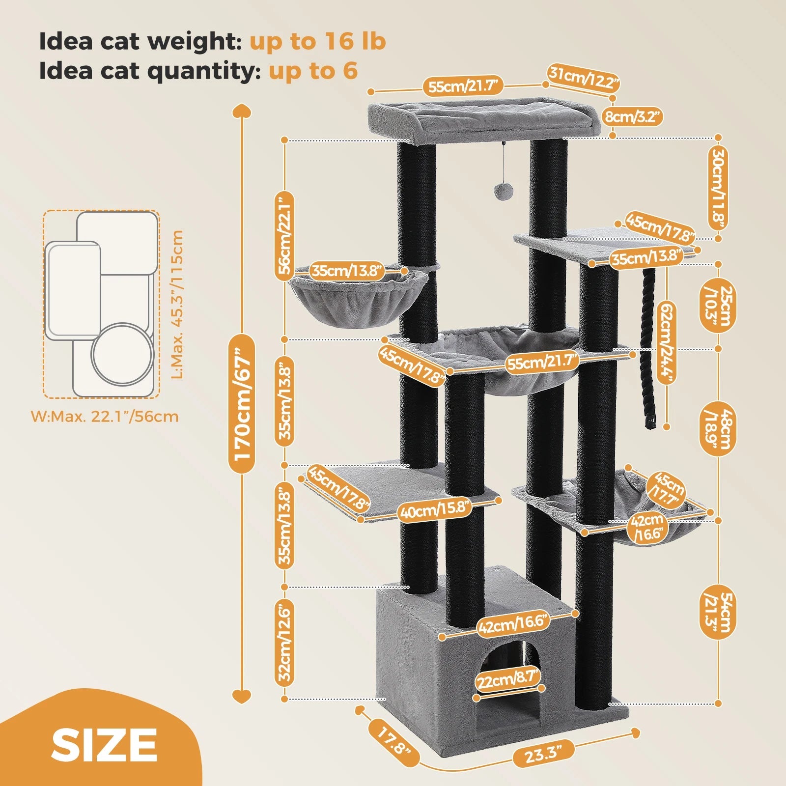 Gros arbre à chat pour chats de grande taille tour à chat robuste avec plusieurs niveaux maison à chat arbre d'escalade avec hamac 11 poteaux en Sisal grand perche HappyTailShop