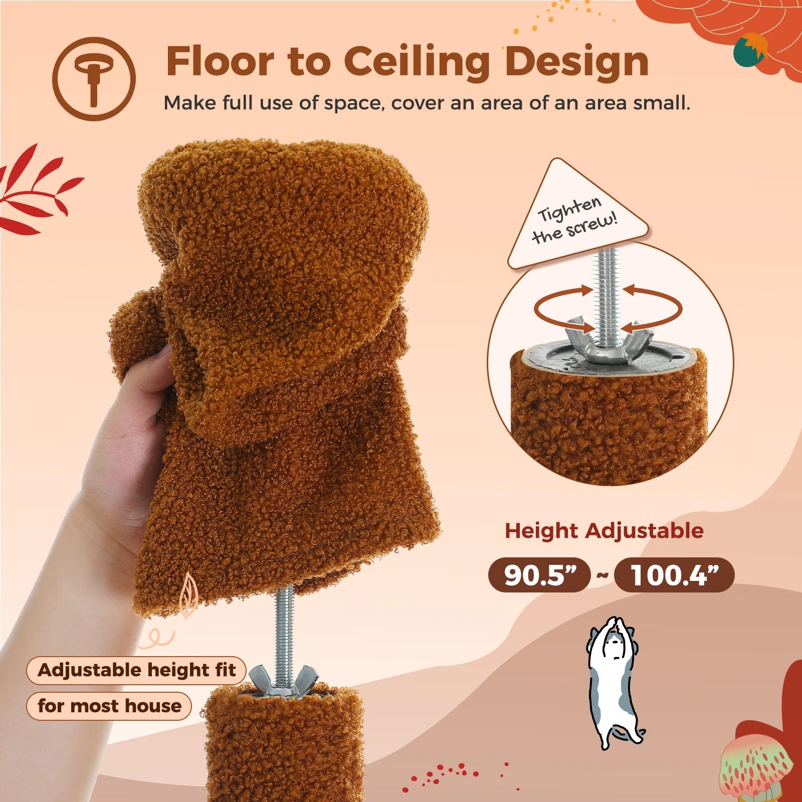 Arbre à chat réglable de 230-252cm, condoule pour chat du sol au plafond, boule suspendue, 5 postes à gratter, hamac, grand lieu de repos pour chats HappyTailShop