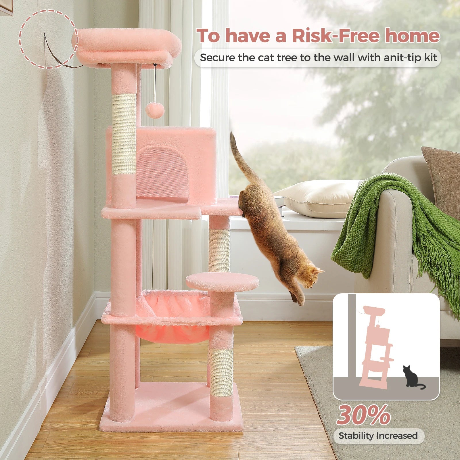 Arbre à chat pour chats d'intérieur, tour à chat à 5 niveaux pour grands chats avec cadre en métal, grand hamac pour chat condo avec grand perche supérieure HappyTailShop
