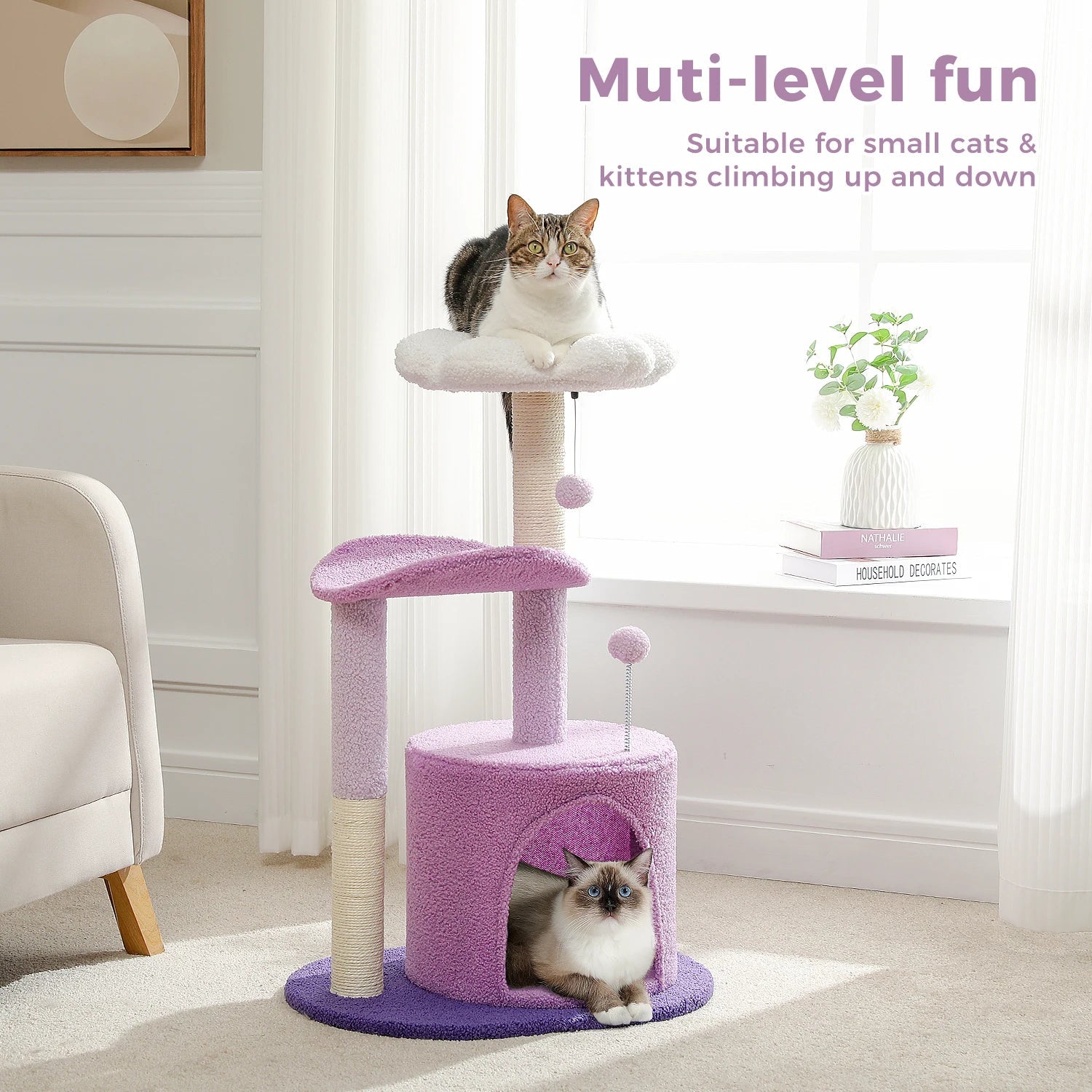 Arbre à chat en forme de fleur pour les chats d'intérieur, petite tour pour chat avec poteau à griffer en sisal, condo doux, perchoirs en peluche, balles moelleuses, jouets pour chat HappyTailShop