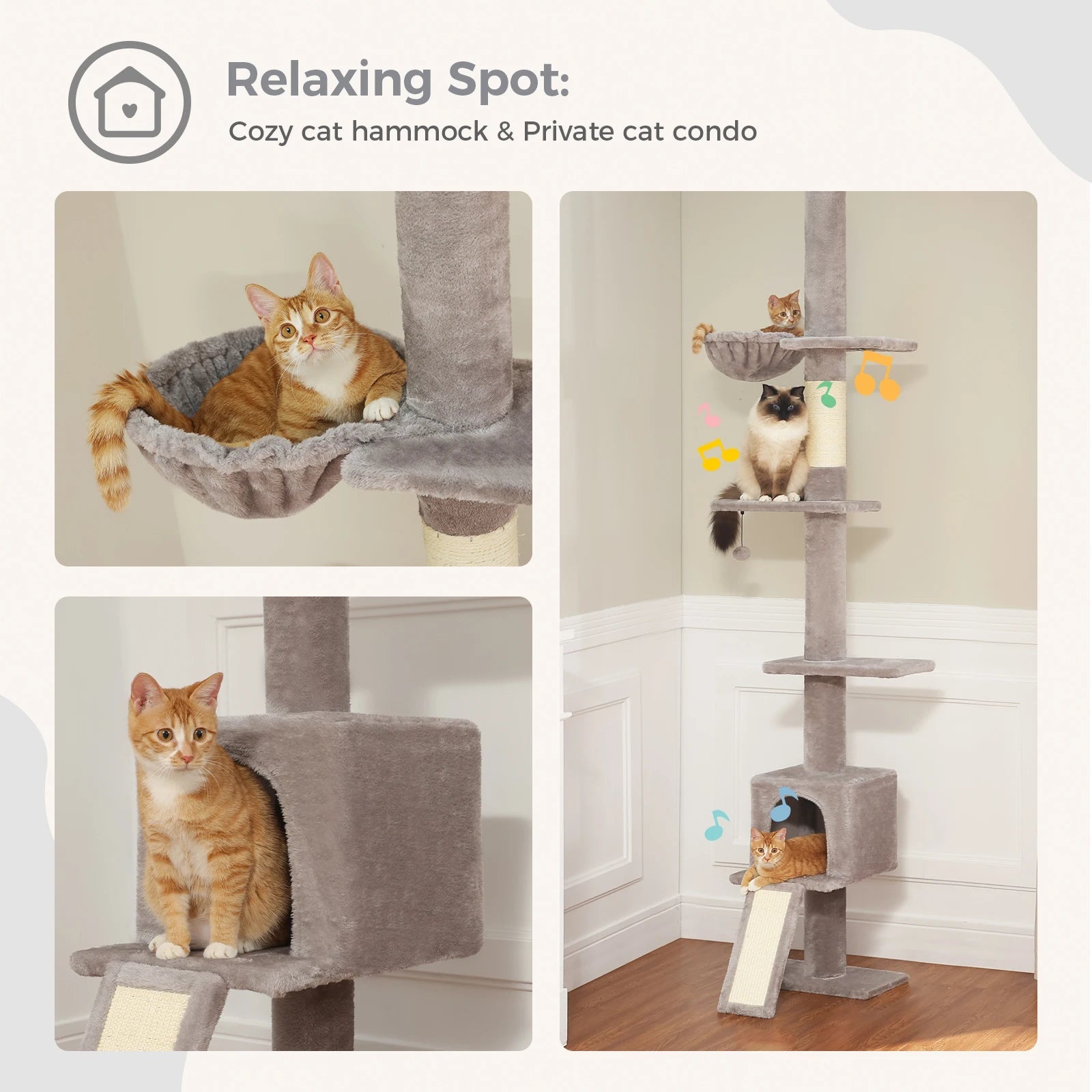 Tour d'arbre à chat moderne et réglable, 210-274cm, du sol au plafond, 5 niveaux avec perchoirs de condo, postes à gratter, échelles pour chats d'intérieur HappyTailShop