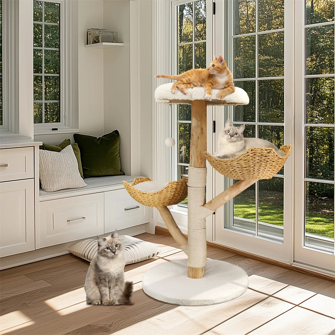 Meuble moderne en bois massif pour chat, arbre d'escalade, centre d'activités avec griffoir pour chaton, 110cm HappyTailShop