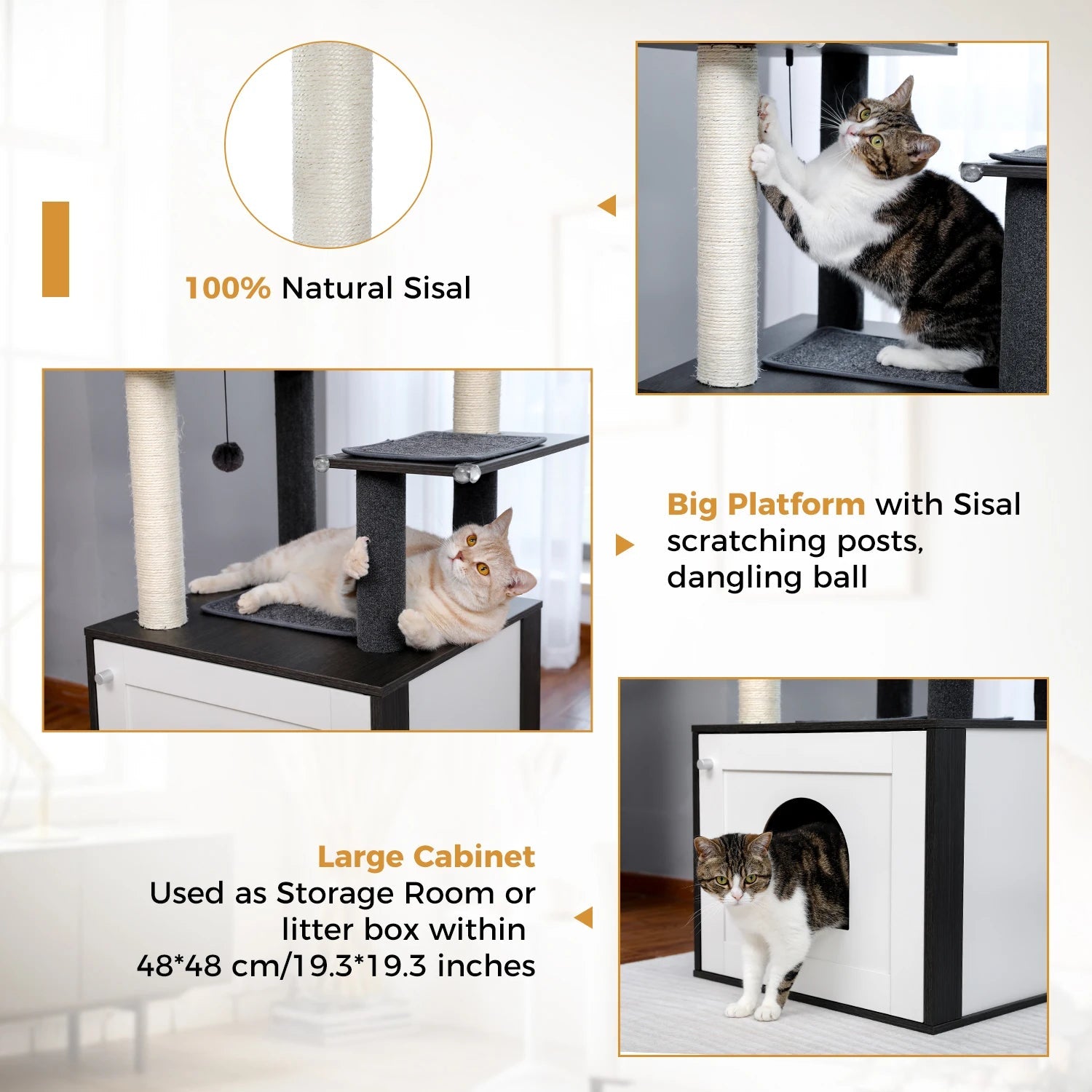 Arbre à chats multi-niveaux pour chats d'intérieur, tour à chat en bois avec griffoirs, grand espace de vie, hamac confortable, grand perchoir supérieur, griffoire pour chat, jouets pour chats, accessoires chat HappyTailShop