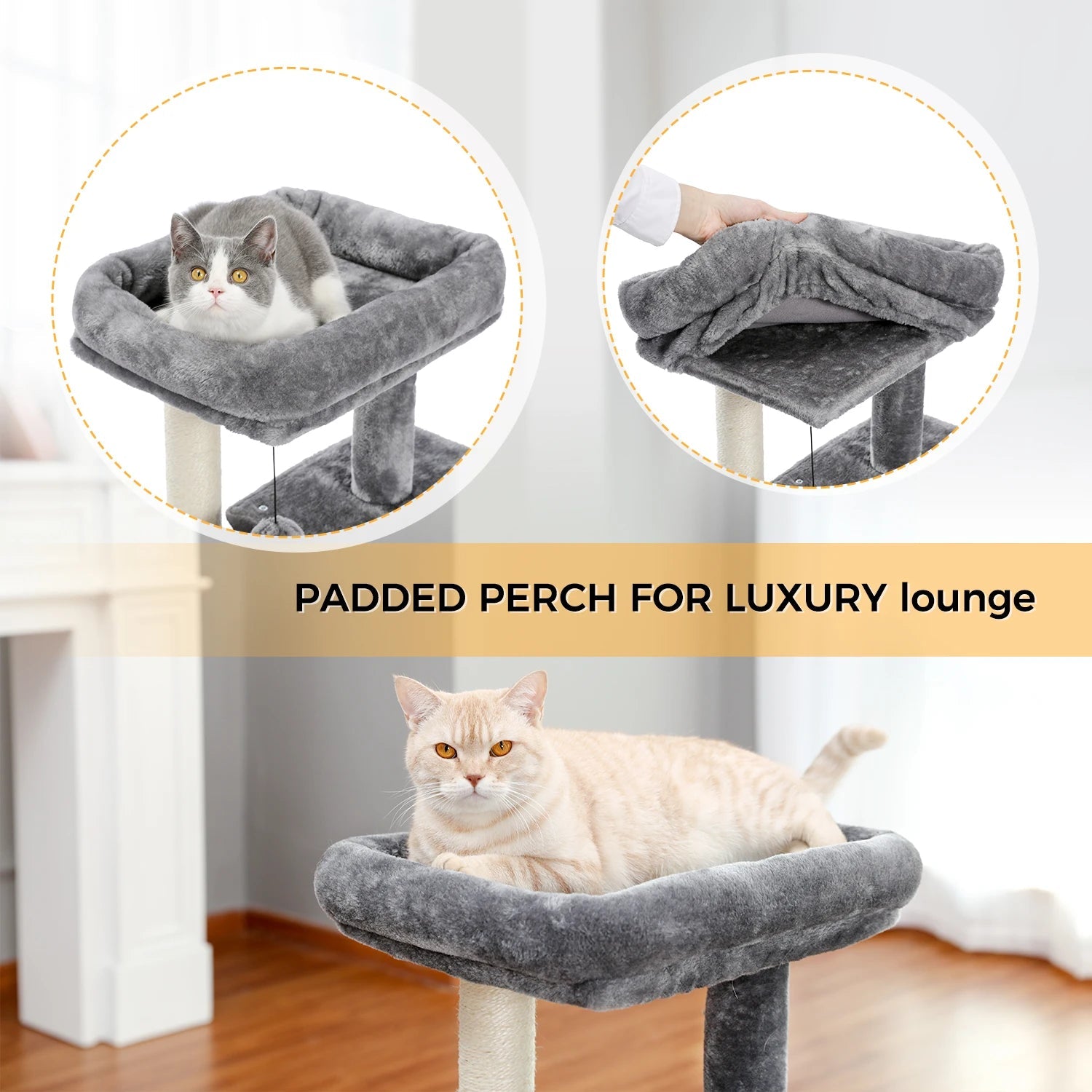 Grand arbre à chats d'intérieur avec plusieurs niveaux, poteau à griffer en sisal, deux condos spacieux, tapis à griffer pour chat et jouets pour chat, chat accessoires pour chats HappyTailShop