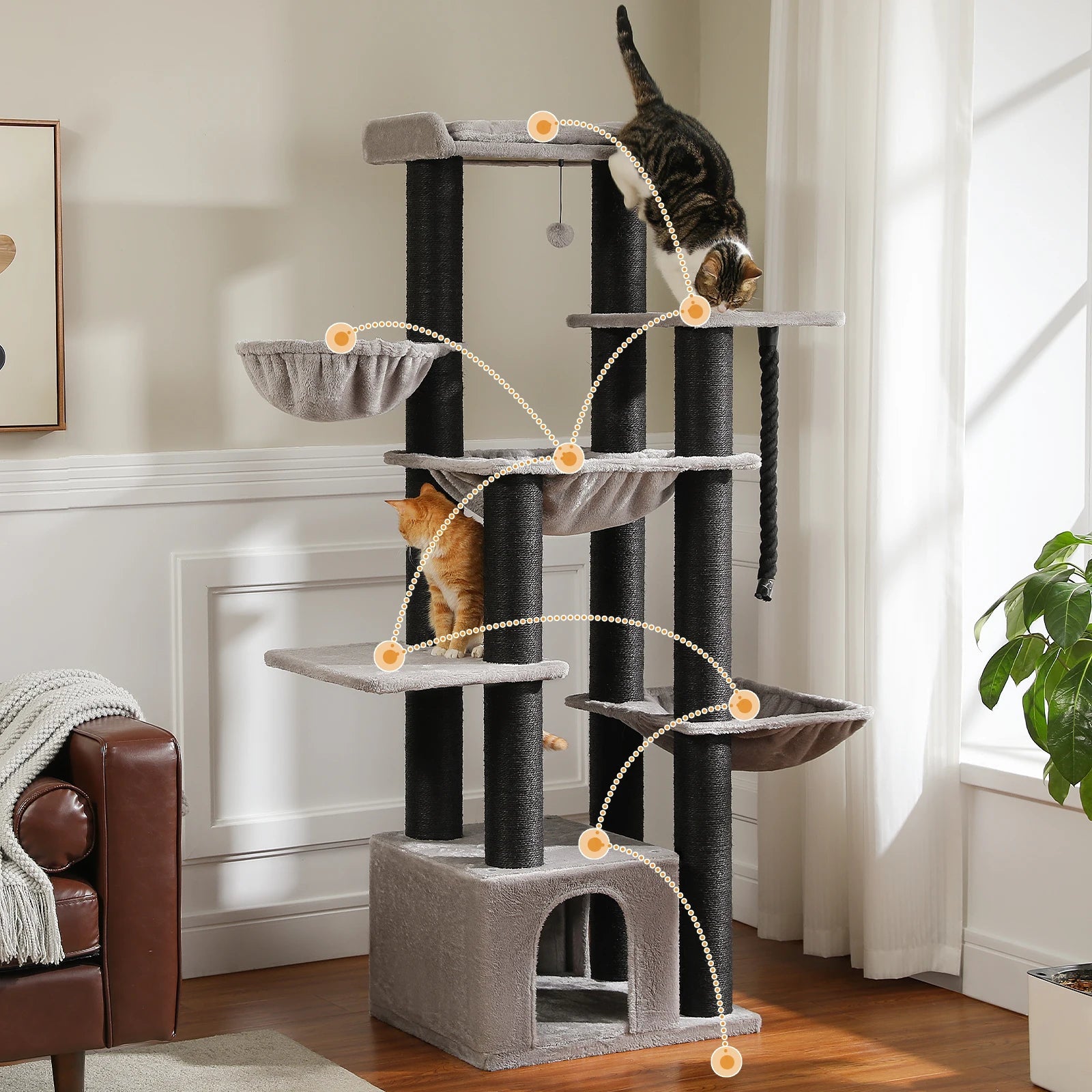 Gros arbre à chat pour chats de grande taille tour à chat robuste avec plusieurs niveaux maison à chat arbre d'escalade avec hamac 11 poteaux en Sisal grand perche HappyTailShop