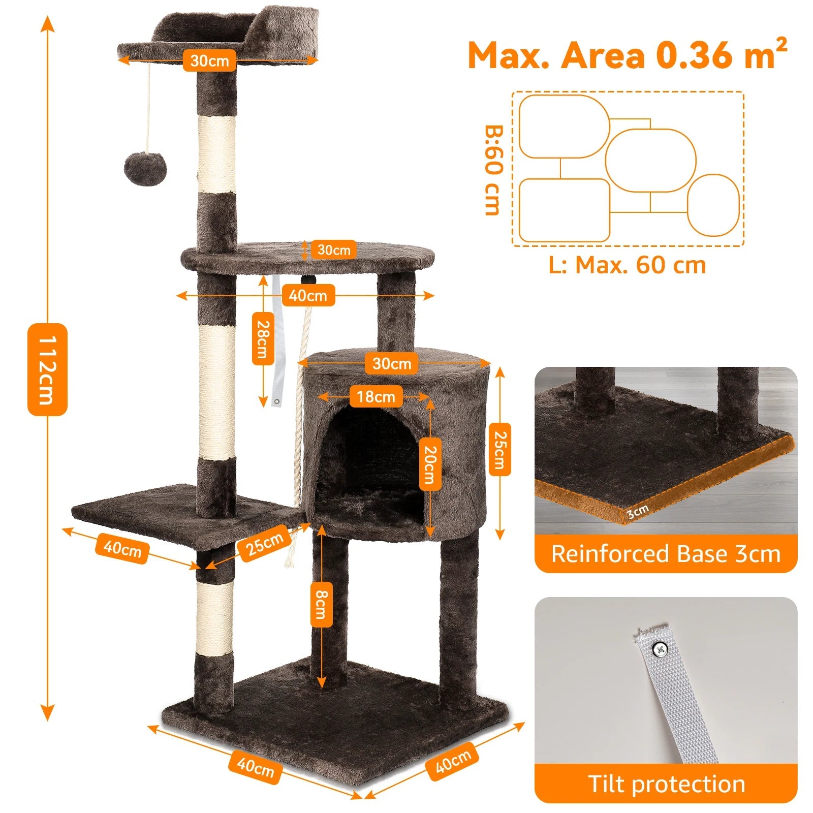 Cadre d'escalade pour chats d'intérieur, arbres à chat, multi-niveaux avec postes à gratter, tour à chat, perchoirs supérieurs rembourrés et condo HappyTailShop