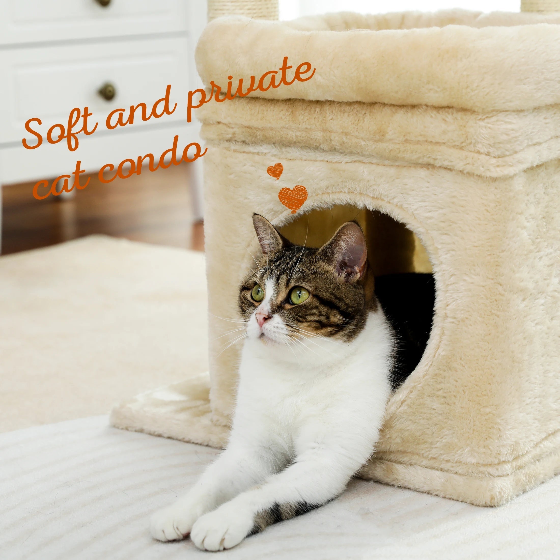 Arbre à chat tour pour chat avec condo confortable, perche large, poteaux en sisal naturel, peluche douce, pom-pom ludique adapté aux 1 à 2 chats d'intérieur HappyTailShop