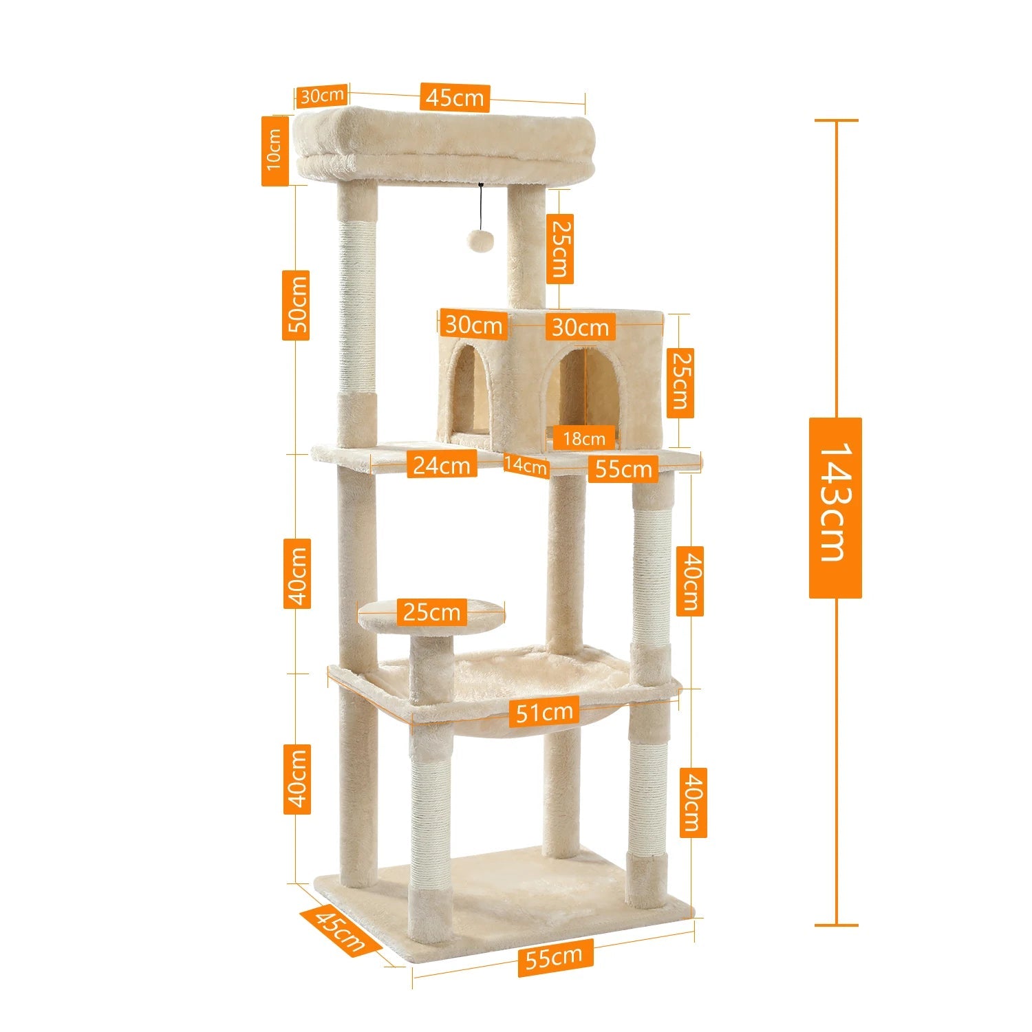 Arbre à chat pour chats d'intérieur, tour à chat à 5 niveaux pour grands chats avec grand hamac, poteaux à gratter couverts en Sisal, perche supérieure confortable pour Condo HappyTailShop